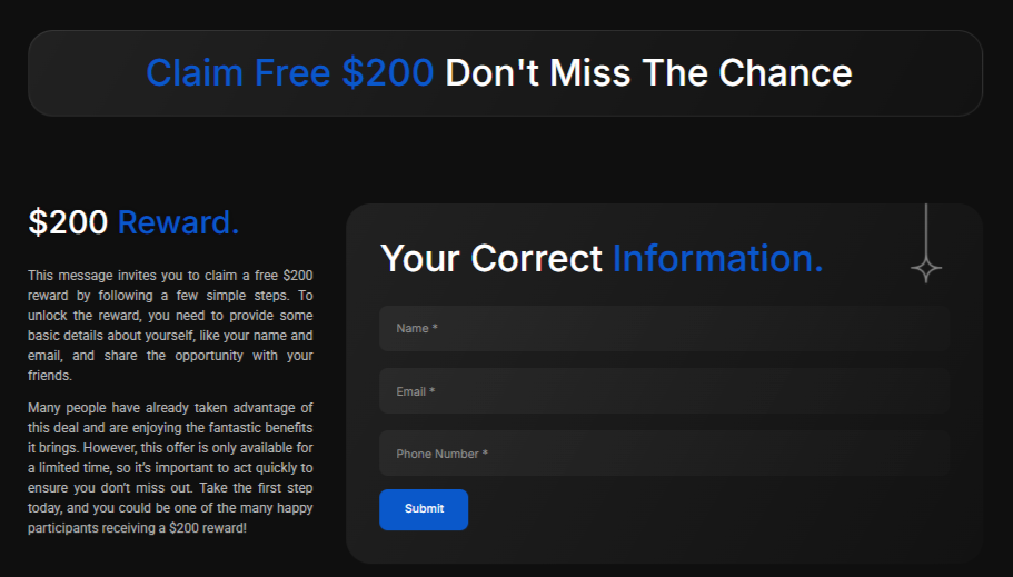 Landing Page for $200 Reward